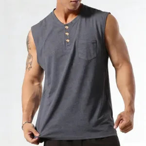 Men's dark gray sleeveless tank top featuring button placket and chest pocket detail.