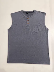 Men casual sleeveless henley shirt detail view with front pocket and button placket design