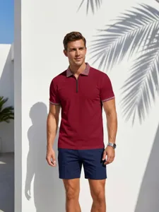 Men short sleeve half zipper polo shirt casual summer slim fit knit top t-shirt for men