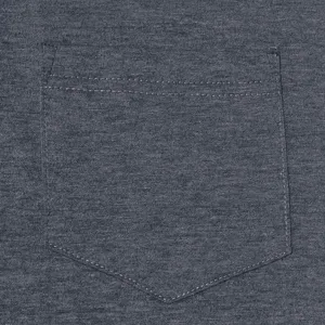 Close up of dark grey knit pocket with detailed stitching, premium apparel fabric detail.