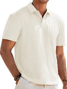 Men's Casual Knitted Polo Shirt Short Sleeve Jacquard Pattern Turn-down Collar Button Front Top Solid Color Summer Men Clothing