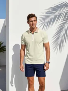 Mens casual half-zip polo shirt summer slim fit short sleeve top for daily wear men.