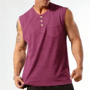 Men's casual sleeveless tank top with henley collar, buttons, and chest pocket in purple.