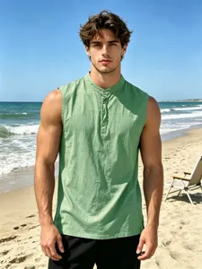 Men linen sleeveless tank top casual summer beach button gym fitness vest breathable apparel