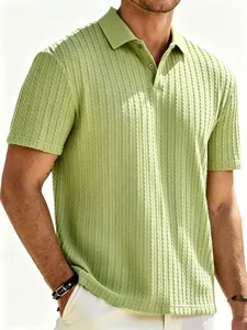 Men's light green short sleeve knit polo shirt, casual summer slim fit jacquard top.