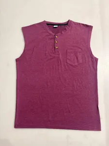 Men's casual sleeveless henley tank top detail, featuring button placket and chest pocket.