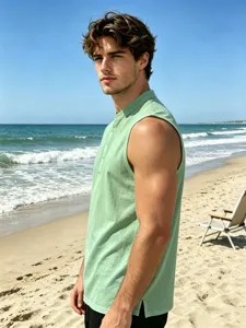 Detailed view of men casual summer linen sleeveless shirt showcasing collar buttons beach scene.