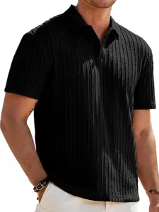 Men's black knit short-sleeve polo shirt with stylish textured jacquard design casual wear.