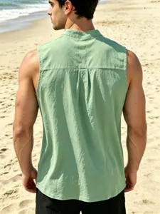 Men's casual linen sleeveless button-up shirt detail view, breathable summer beach tank top.