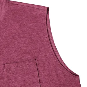 Men's casual sleeveless tank top detail, heather fabric texture, convenient chest pocket design.