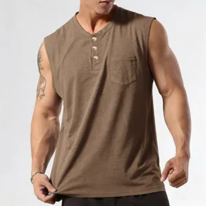 Detailed view of men's casual slim fit henley tank top with chest pocket and button closure.