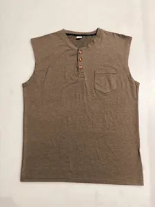 Brown men's sleeveless henley shirt detail, featuring front buttons and a single chest pocket.