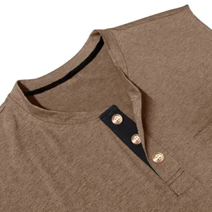 Close-up detail of men's casual sleeveless top collar with button placket and textured fabric.