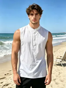 Men white sleeveless henley tank top summer beach casual breathable linen style shirt