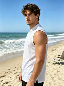 Men summer casual white linen sleeveless button tank top, breathable beach fashion vest.
