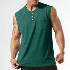 Men casual sleeveless Henley tank top in dark green summer daily wear with button detail