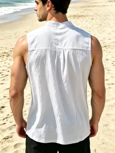 Detail view of men's white sleeveless linen shirt, featuring breathable summer beach wear style.