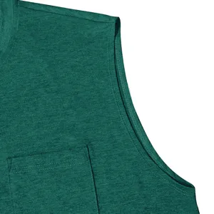 Close up view of dark green mens casual sleeveless tank top with chest pocket detail.