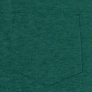 Dark green melange knit fabric with patch pocket detail, close-up view of men's casual top.