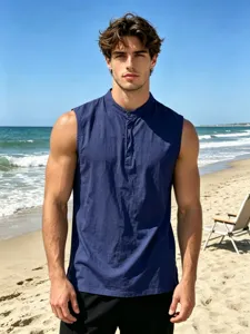 Detail view of men's linen sleeveless henley vest in dark blue for summer beach wear.