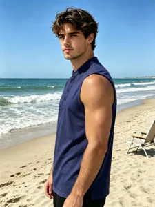 Men's casual sleeveless button tank top featured in a summer beach outdoor scene detail.
