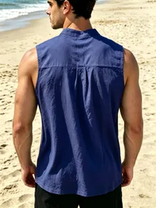 Men's casual summer sleeveless blue tank top shirt breathable beach wear basic top new