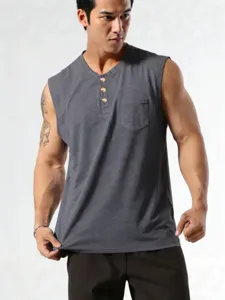 Men's Henley Tank Top Cotton Blend Casual Sleeveless Top With Buttons Chest Pocket Summer Patchwork Sports Vest For Men
