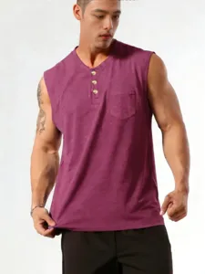 Men solid color sleeveless henley shirt casual summer gym tank top with chest pocket
