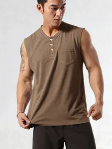 Men's casual sleeveless button-down tank top with chest pocket, perfect for summer daily wear.