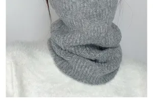 Grey knitted neck gaiter for winter outdoor skiing, warm pull-over winter scarf for women.