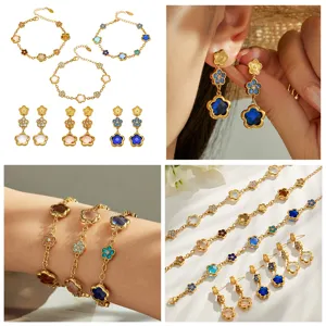 Stainless steel 18k gold plated flower glass stone bracelet earrings jewelry set for women.