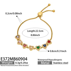 Stainless steel 18k gold plated multi-color heart gemstone adjustable slider bracelet
