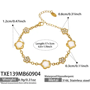 Stainless steel gold plated flower bracelet detail view showing size, length 17 plus 5 cm
