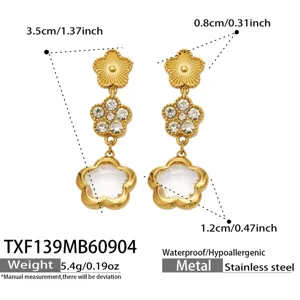 Gold stainless steel floral rhinestone drop earrings with faceted glass stone and size.