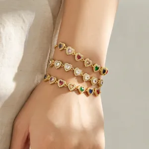Stainless steel 18k gold plated full zircon heart link bracelet elegant jewelry main view