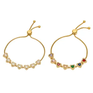 Stainless Steel 18K Gold Plated Colorful Heart Zircon Slider Adjustable Bracelet Women