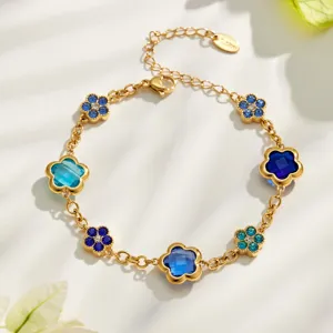 Gold-plated stainless steel blue crystal flower charm bracelet for women daily chic jewelry