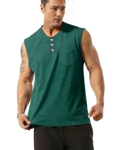 Men's summer casual solid color sleeveless henley shirt with buttons and chest pocket.
