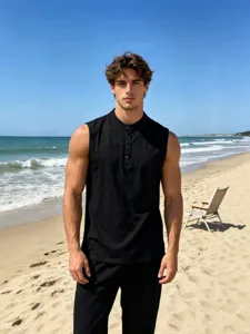 Men Casual Linen Sleeveless Vest Henley Round Neck Button Front Summer Beach Sport Tank Top Breathable Lightweight Solid Color Vest