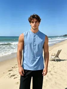 Men's summer casual linen sleeveless tank top with button front for beach outdoor wear