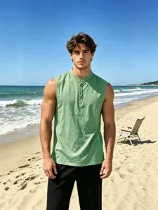Men's linen sleeveless button tank top summer casual beach wear green stylish vest top