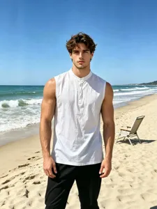 Men's sleeveless linen tank top with button crew neck design, casual summer beach sportswear.