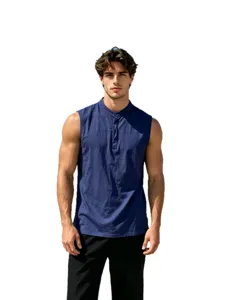 Men's casual linen sleeveless tank top summer solid color button henley shirt for outdoor.
