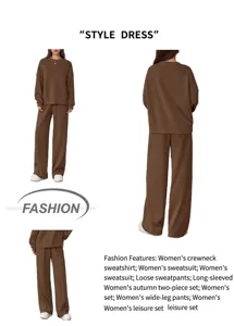 Gedetailleerd overzicht van de casual bruine tweedelige set met sweatshirt en wijde broek.