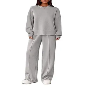 Dames casual tweedelig set lang mouw sweatshirt wijde broek effen grijs comfortabele outfit