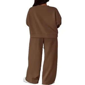 Casual dames tweedelig lounge set langmouw top en wijde broek bruine outfit