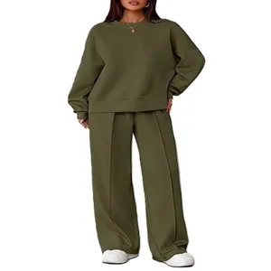 Dames casual loungewear set sweater met lange mouwen wijde broek olijfgroen nieuw