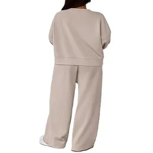 Dames casual set longsleeve sweater wijde broek beige tweedelig outfit comfortabel