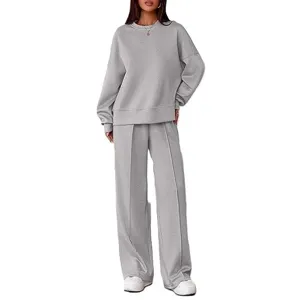 Dames Casual Polyester Spandex Los Top En Bottom Effen Kleur Afhangende Schouder Ronde Hals Lange Mouw Lange Broek Casual Set Voor Lente Zomer Dagelijks Vrouwen Kleding