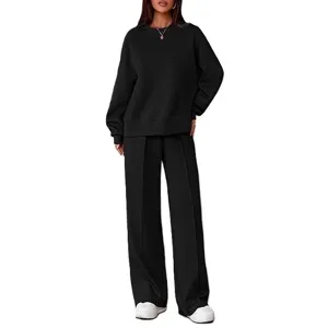 Dames casual tweedelig trainingspak sweatshirt met lange mouwen en wijde broek zwart